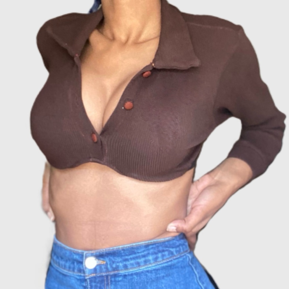 🚫SOLD🚫Chocolate Long Sleeve Collar Crop Top